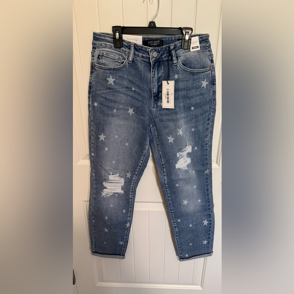Judy Blue Boyfriend Jeans Distressed Star‎ Pattern Size 9